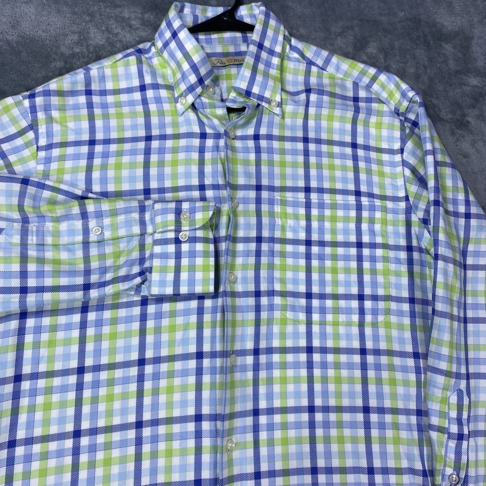 Peter Millar Mens Shirt Medium Blue Plaid Long Sleeve 100% Cotton Button Down